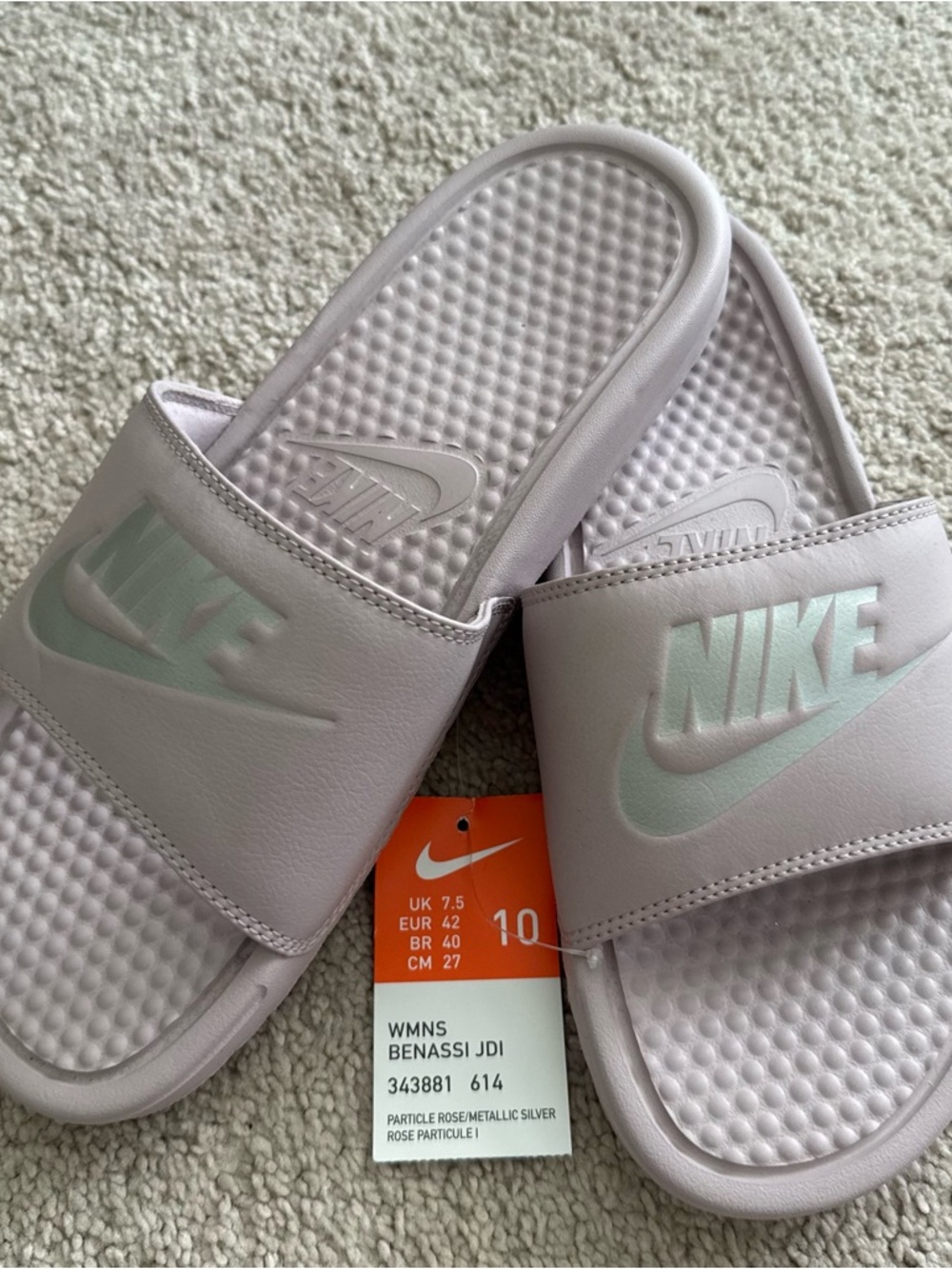 Nike WMNS Benassi JDI Slide Sandals in Rose Particle with Silver Size 10 NWT